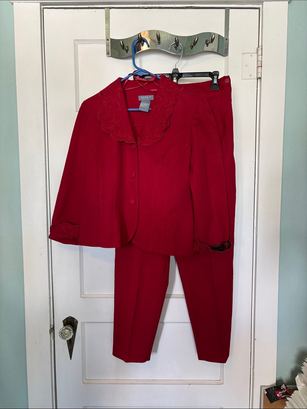 Koret Red Embroidered Collar & Cuffs Pant Suit Size 8